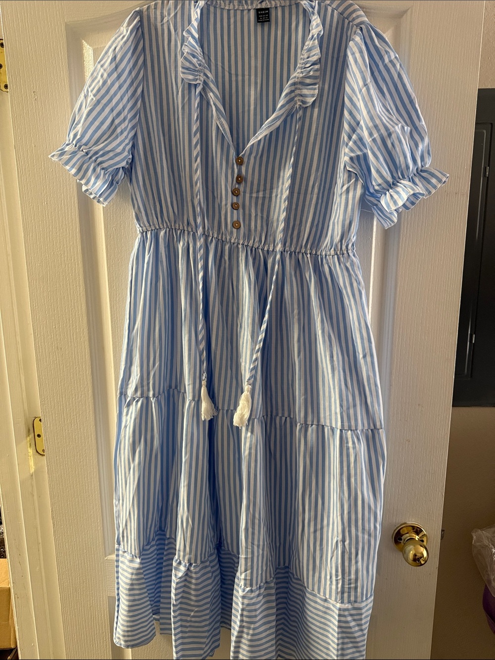 Blue & White Striped women’s Dress with Tassel Tie